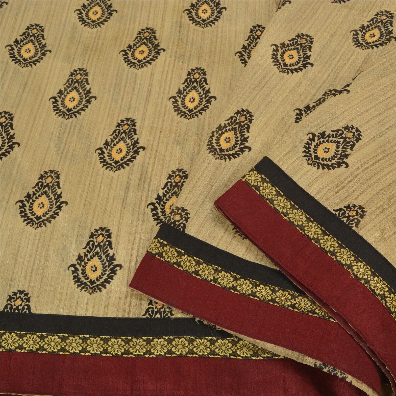 Sanskriti Vintage Ivory Sarees Art Silk Embroidered Hand-Block Print Sari Fabric