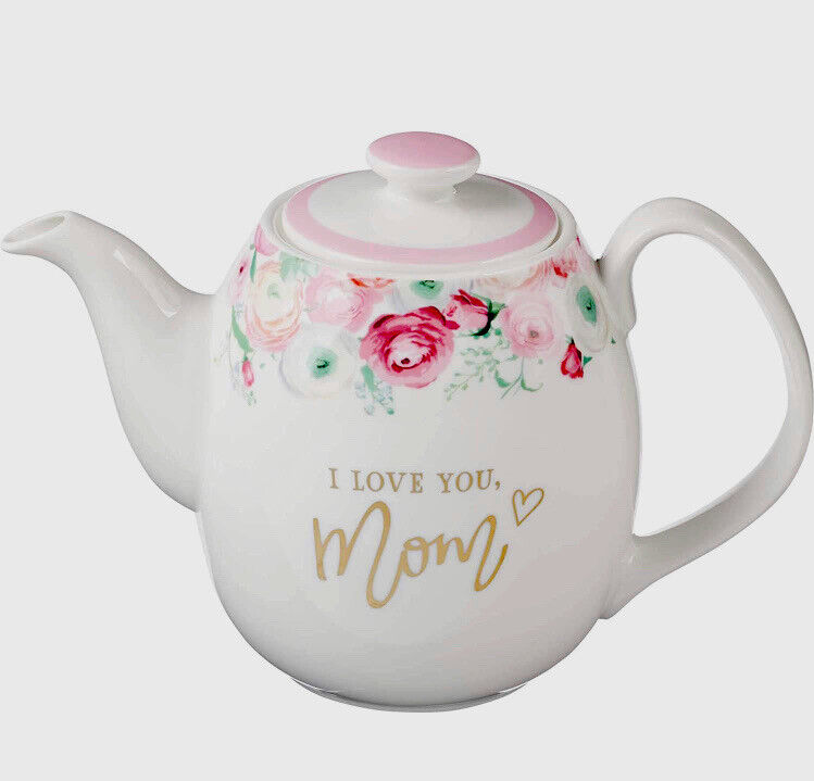 I LOVE YOU MOM Teapot. Ceramic.Gold Foil Accents.32 Fluid Ozs  5.8”x 8.4\