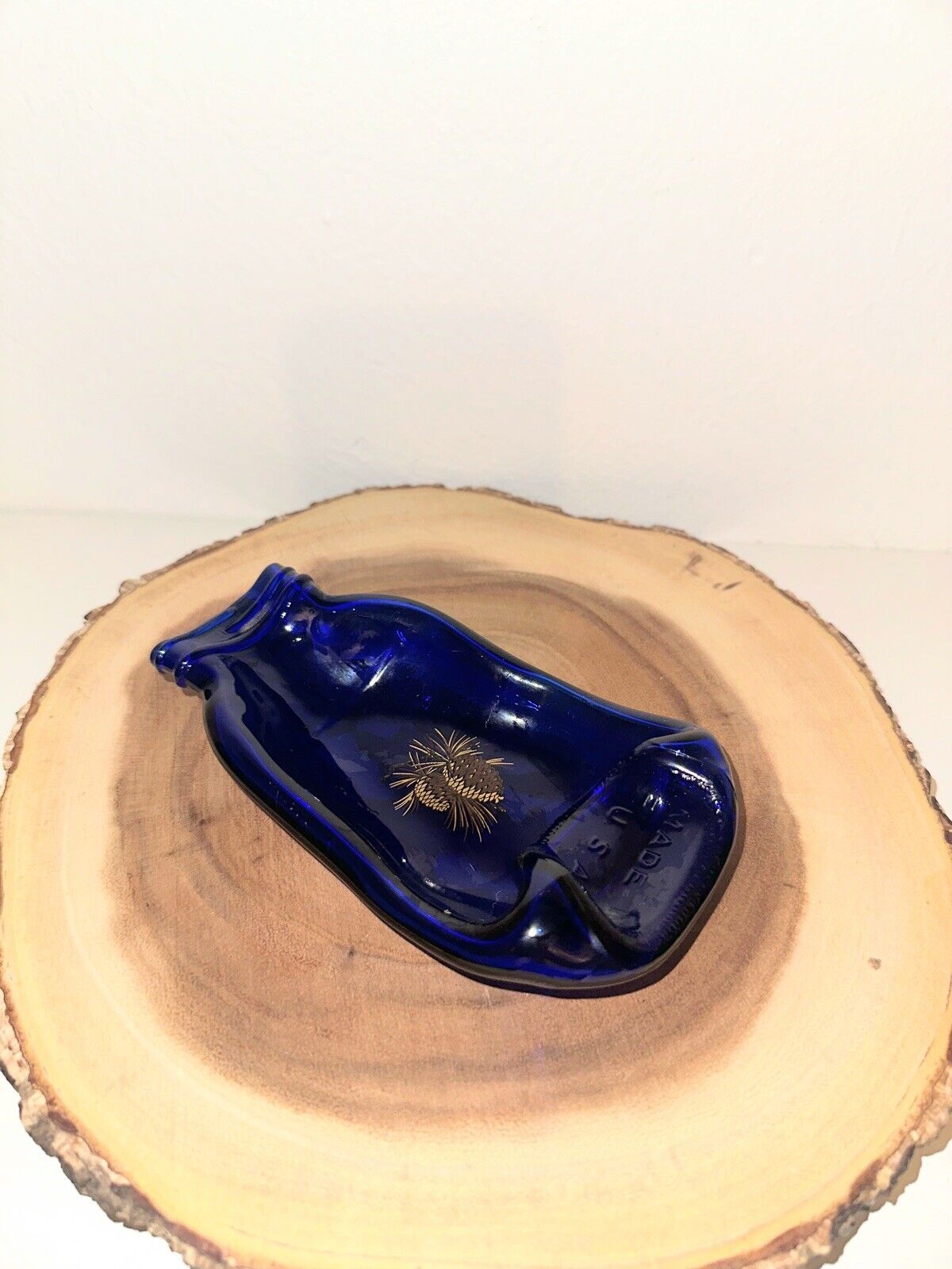 Cobalt Blue Glass Trinket Dish Recycled Bottle Gold Pine Cone Decal Decor Usa
