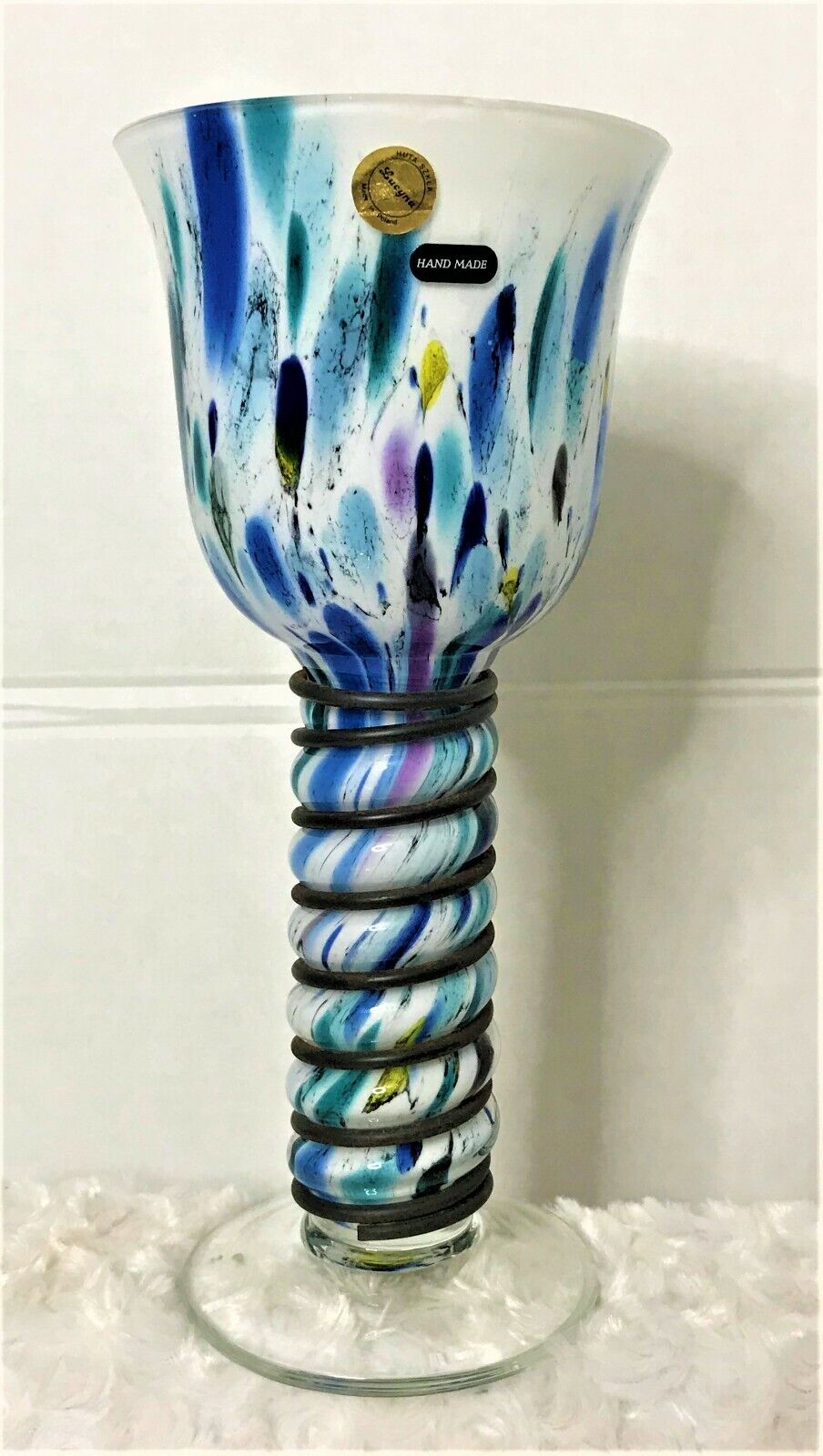 Vintage Huta Szkla Lucyna (Poland) Hand Made Multi-Color Blue Hand-Blown Vase