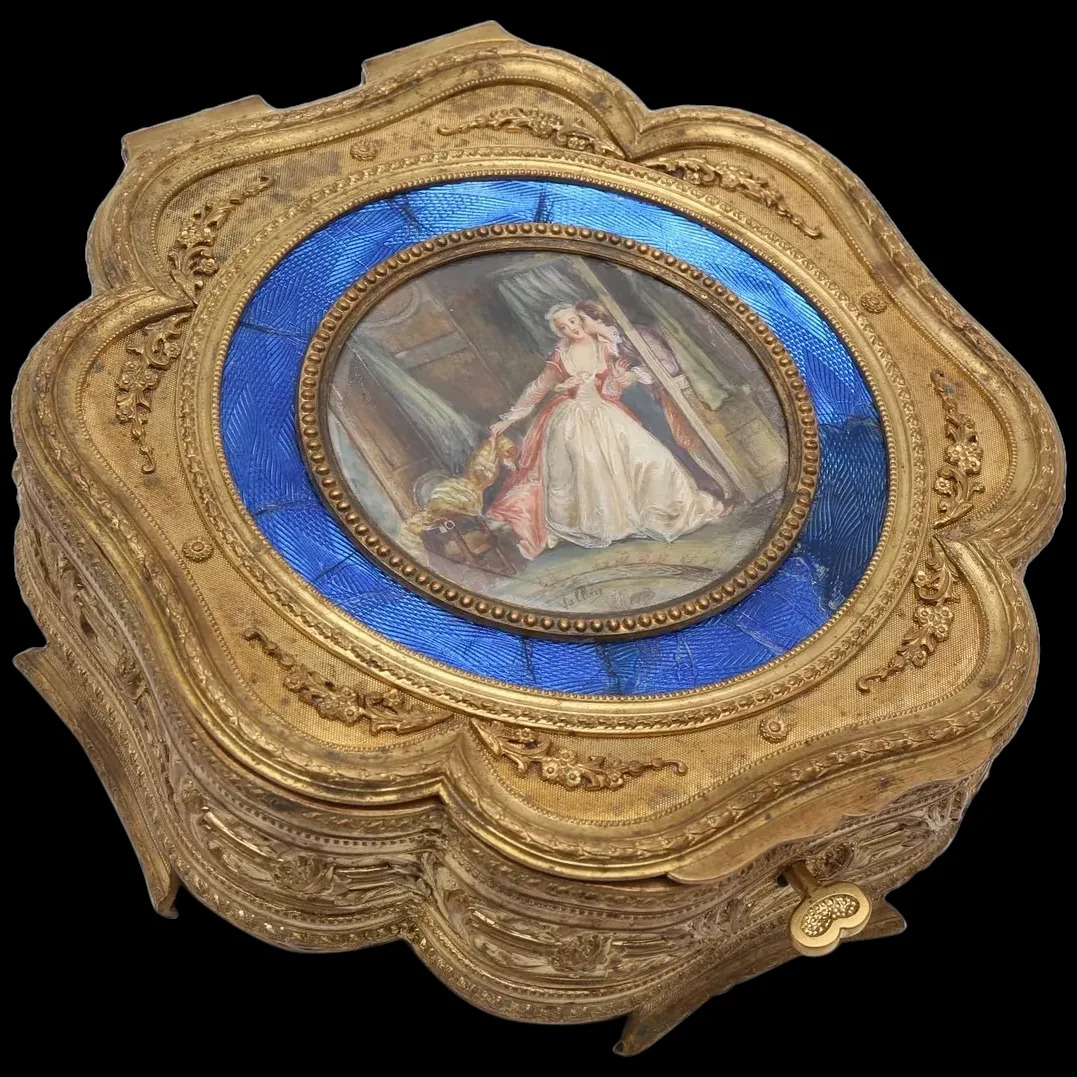 Gilded French Jewellery Box: Enamel & Painted Medallion (19th Century)