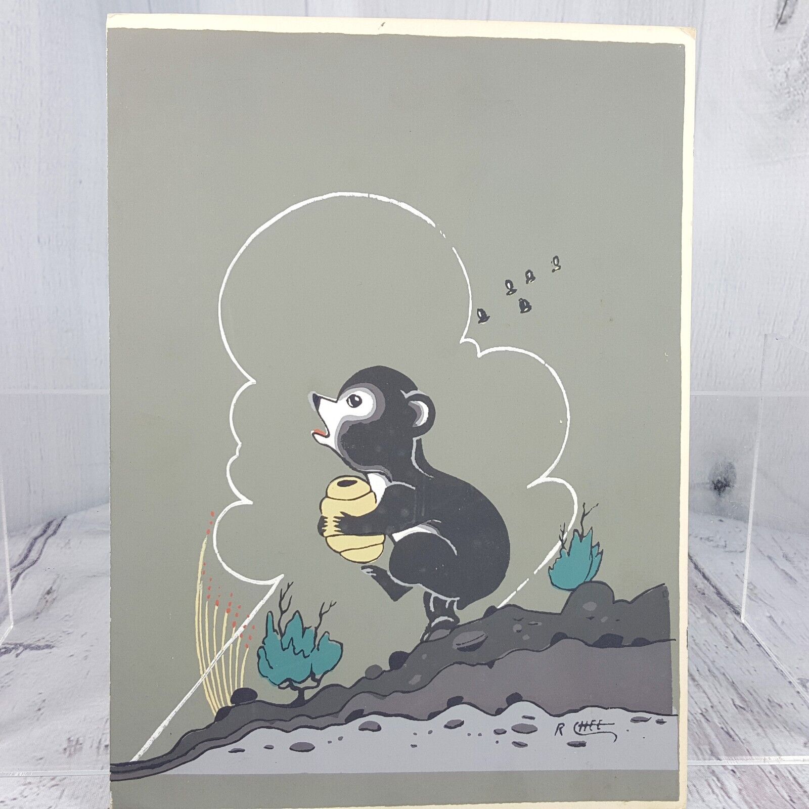 Vtg Robert Chee Serigraph Silkscreen Bear Cub w Honey Bee Hive Navajo Art 6 x 8\