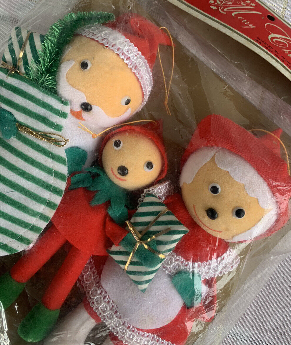 NOS Vintage Felt Santa Mrs. Clause Elf Toy Bag Christmas Tree Decoration