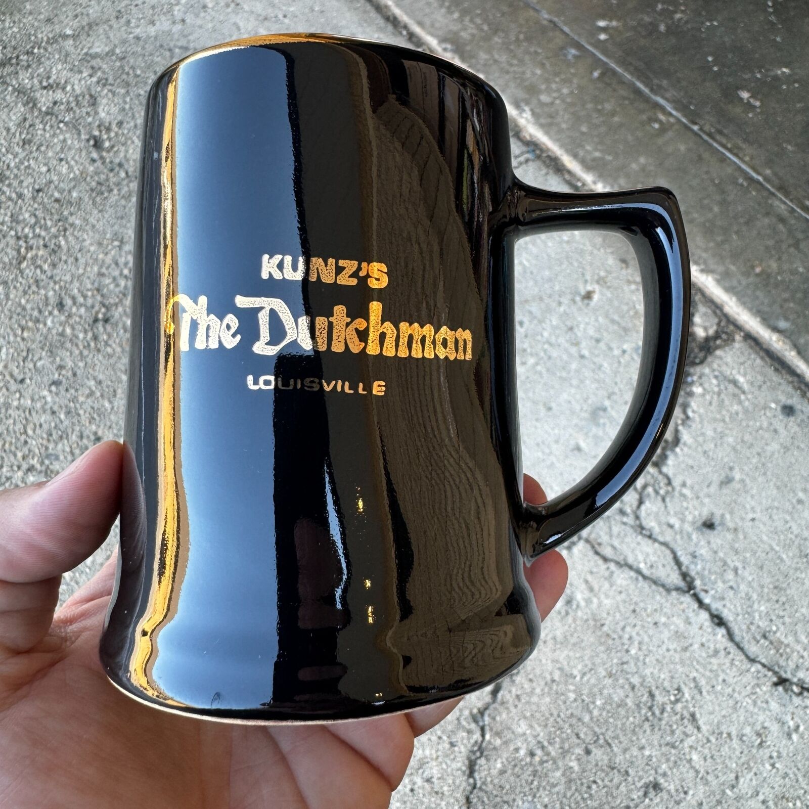 VTG KUNZ's THE DUTCHMAN Coffee Mug - Black w/ Gold Trim - Lousville, KY Kentucky