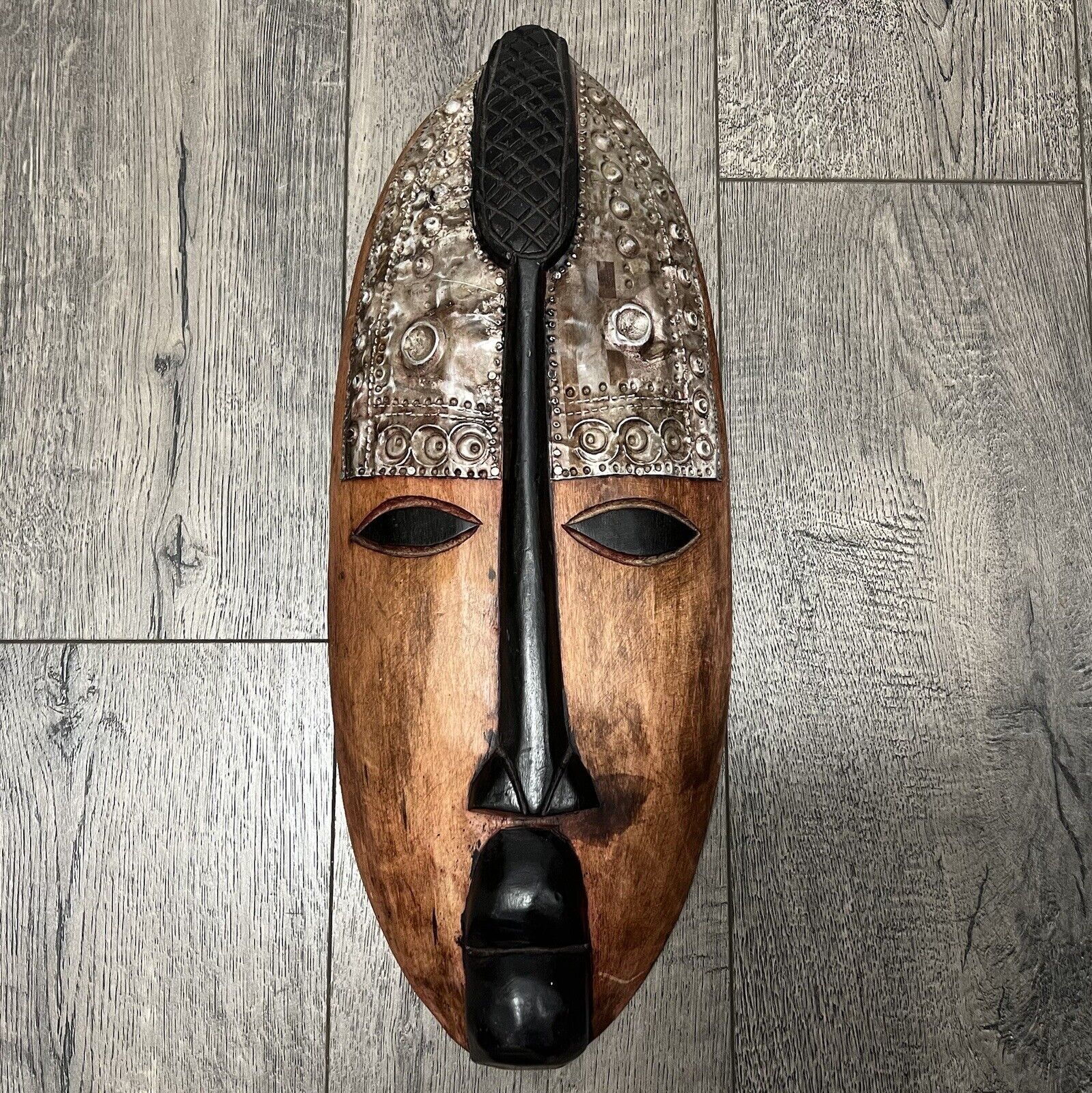 Handcrafted African Wood/ Metal Carved Tribal Wallhanging Art Mask Made in Ghana