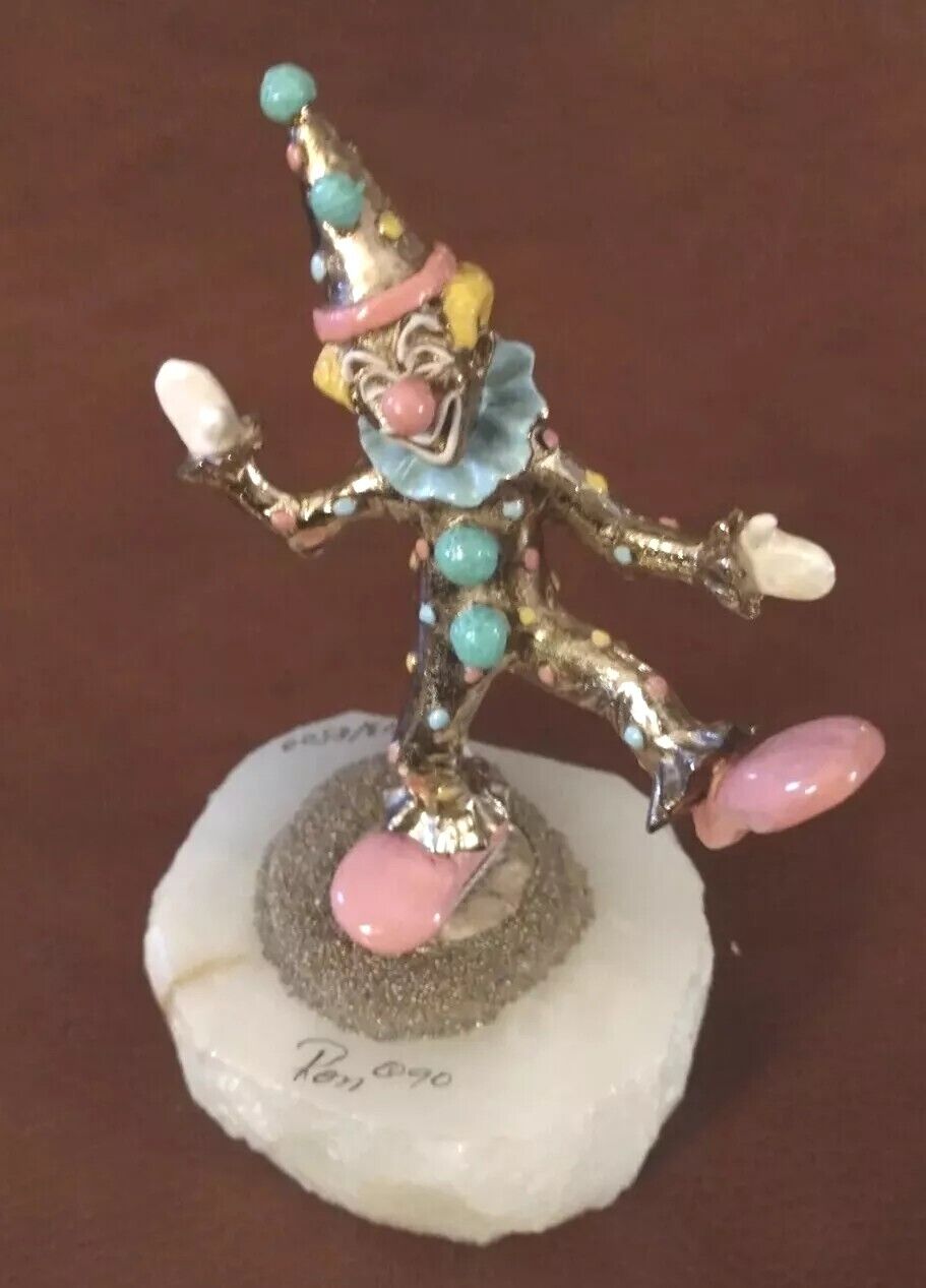 Ron Lee Dancing Clown Figurine On stone Base Gold Tone Signed