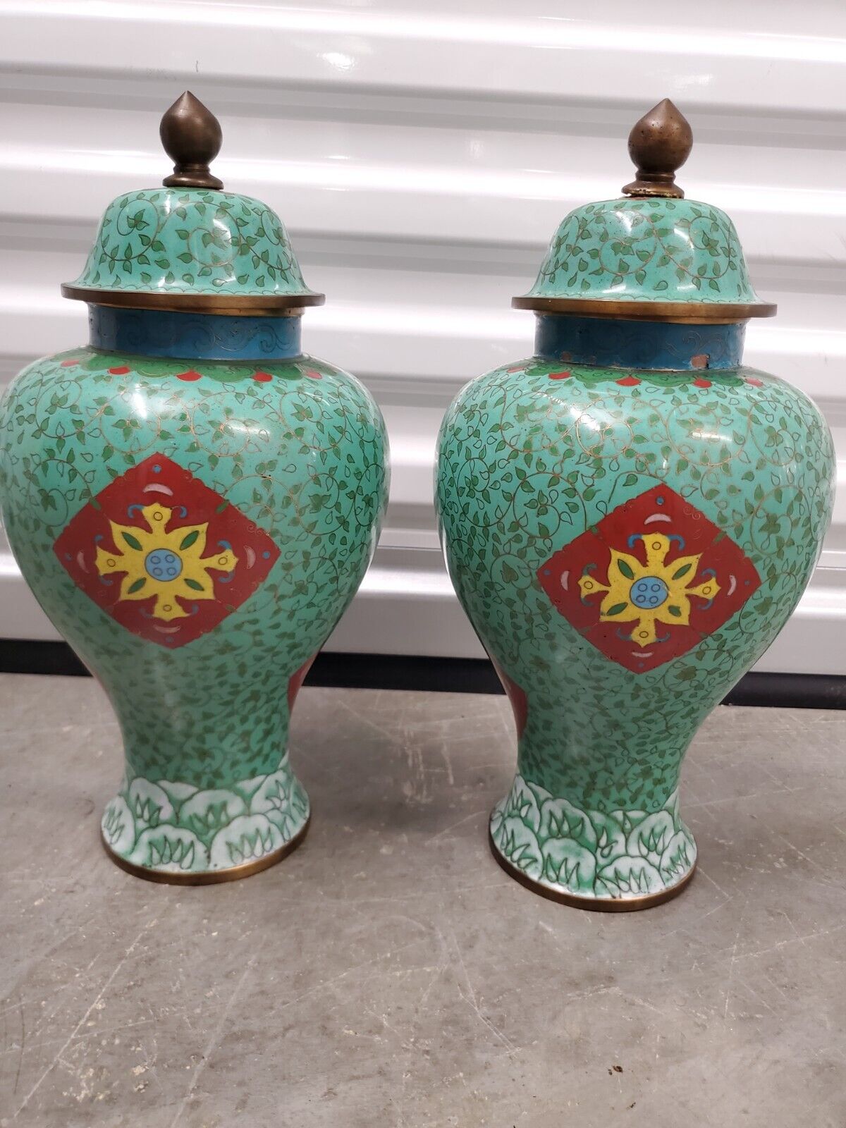 Rare 14inch Pair of Armorial Republic Period Chinese Cloisonne Ginger Jars Urns