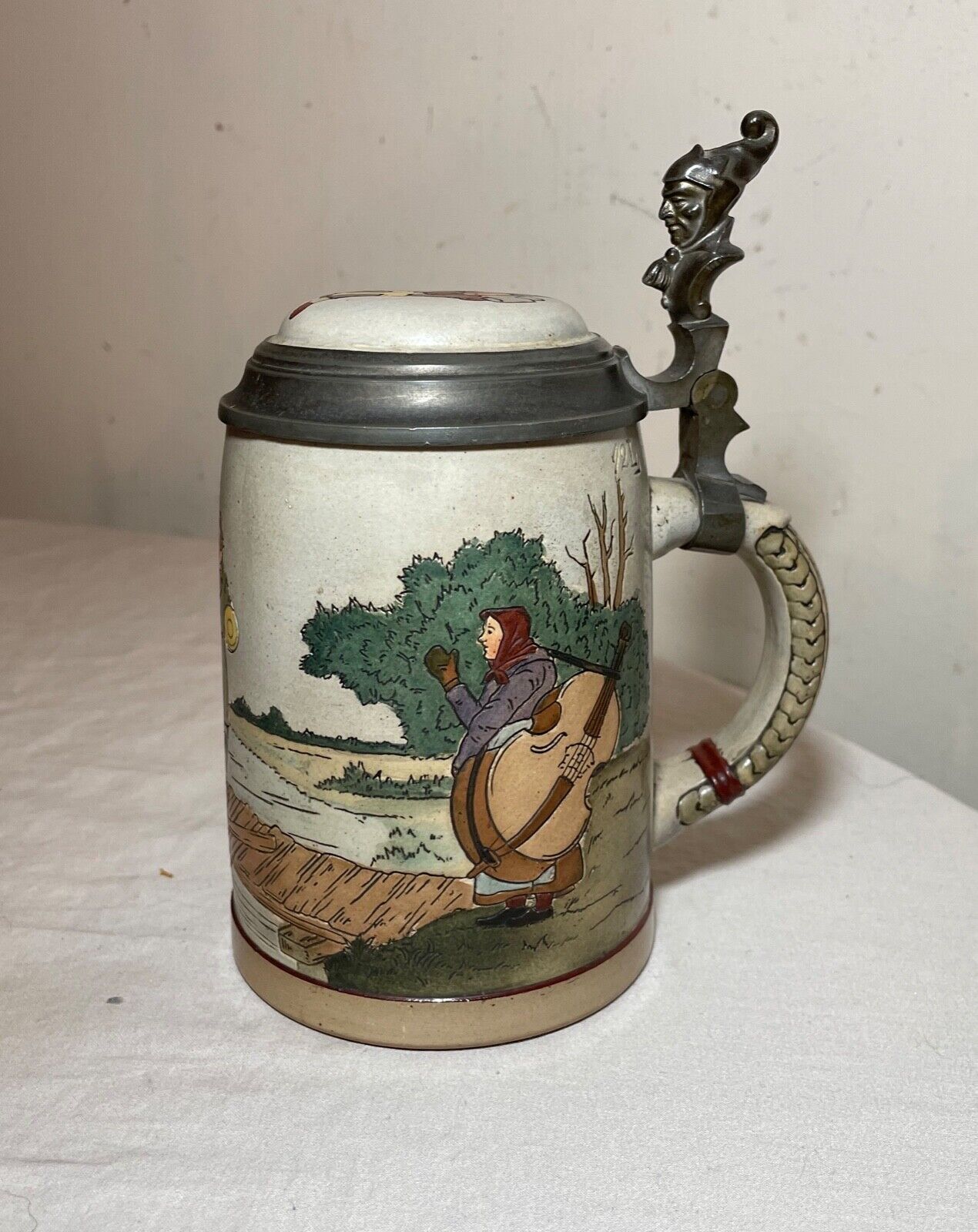 antique handmade German Mettlach painted pottery pewter lidded beer stein mug