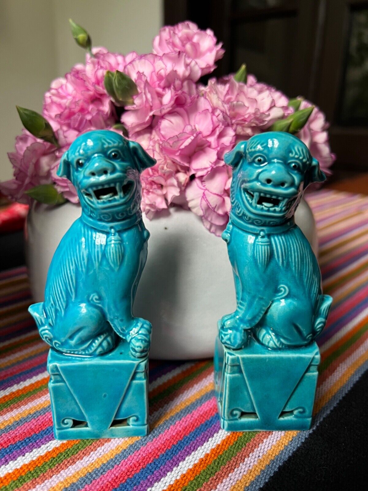 Adorable Vintage Mid Century Chinese Glazed Turquoise Porcelain Small Foo Dogs