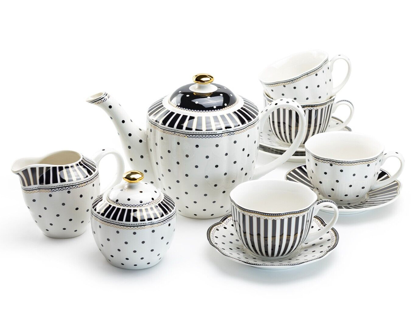 Grace Teaware Black Josephine Stripes and Dots Fine Porcelain 11 piece Tea Set