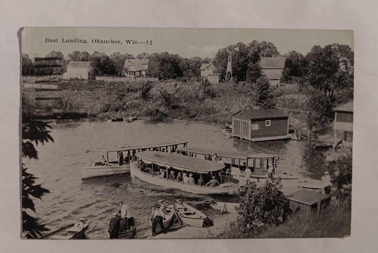 Postcard WI Okauchee View Boat Landing Lake Transportation Harbor Vintage 12 L1