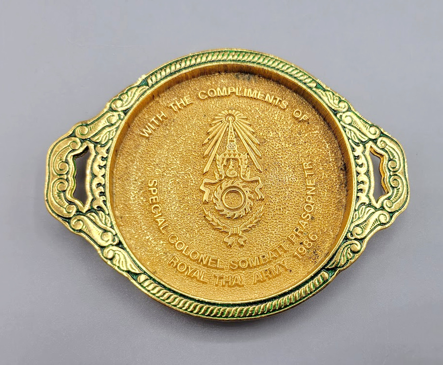 Vintage Brass Royal Thai Army 1986 Trophy Trinket Dish Collectible Bowl Tray