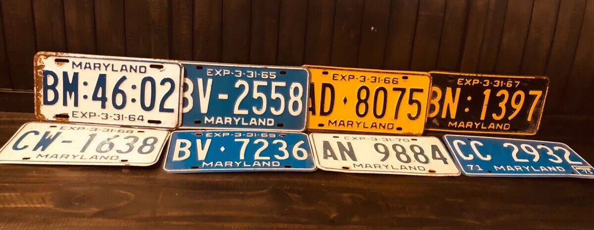 Lot Of 8 Vintage Maryland License Plates From 1964-1971 In A Row