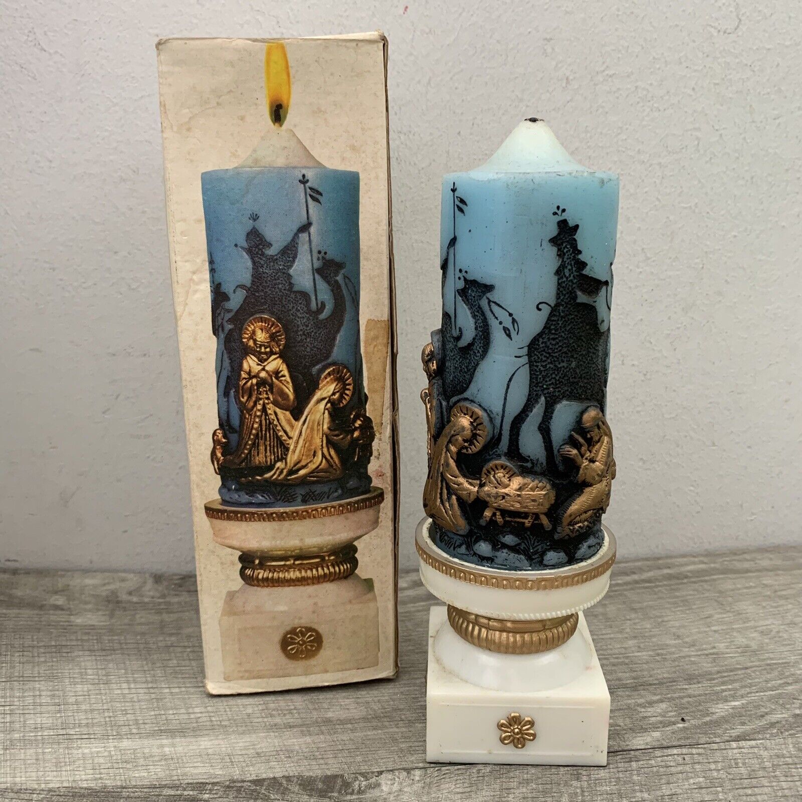Vintage Christmas Adoration Nativity Candle & Holder Original Box Unused
