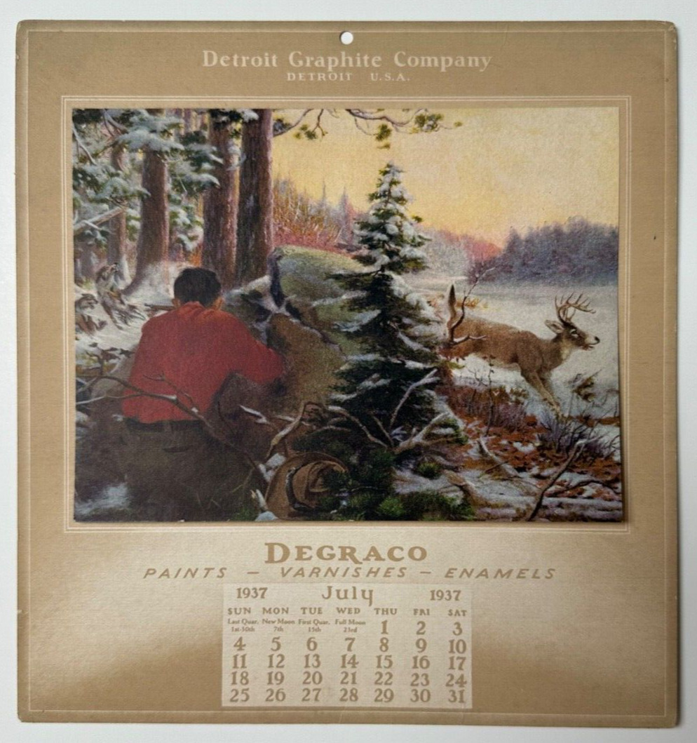 Rare Vintage 1937 Western Art Calendar Print, Detroit Ad, Hunter Deer Wolves