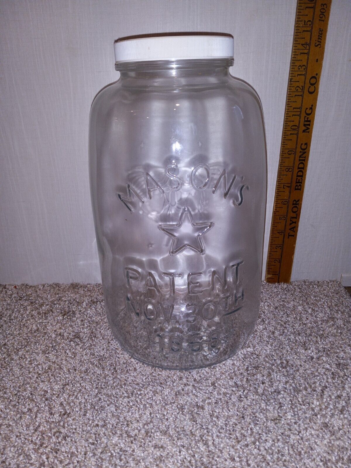 Vintage 2.5 gallon Large Mason's jar Patent Nov 30TH 1858 Star Eagle  w/ lid