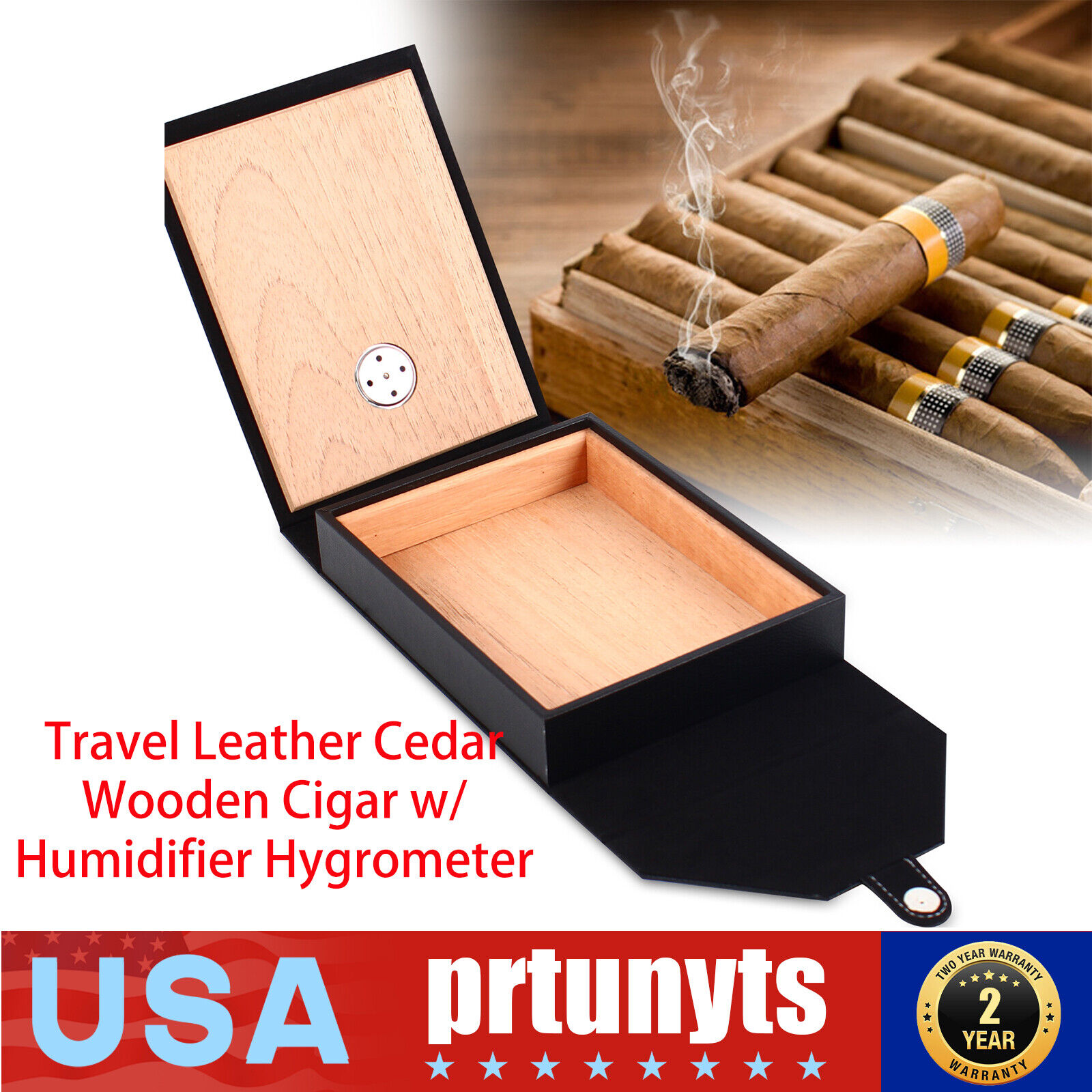 Travel Leather Cedar Wooden Cigar Humidor Case w/Humidifier Hygrometer Cigar Box