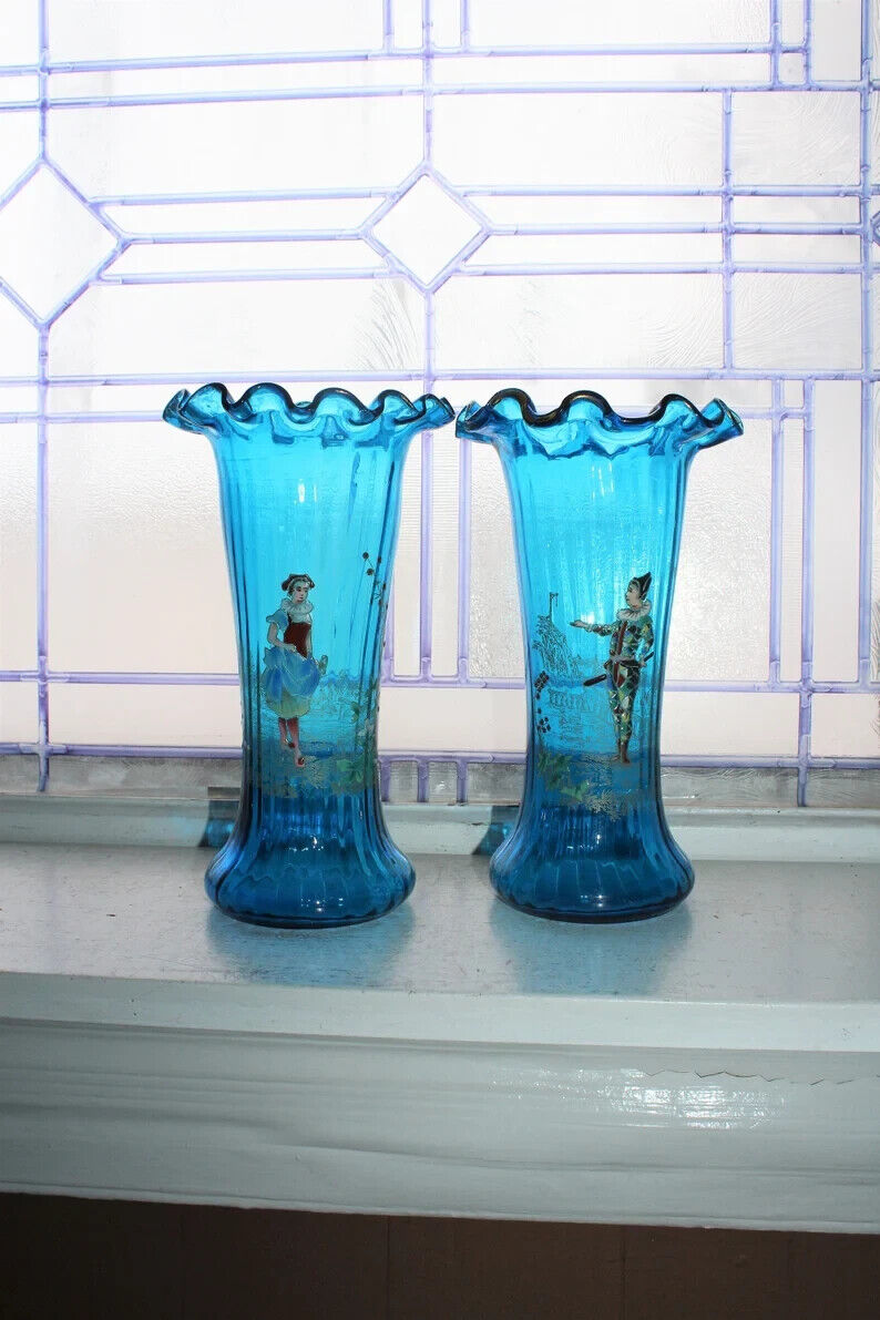 Antique Moser Rossler Glass Blue Vases Pair with Enameled Clown & Maiden 