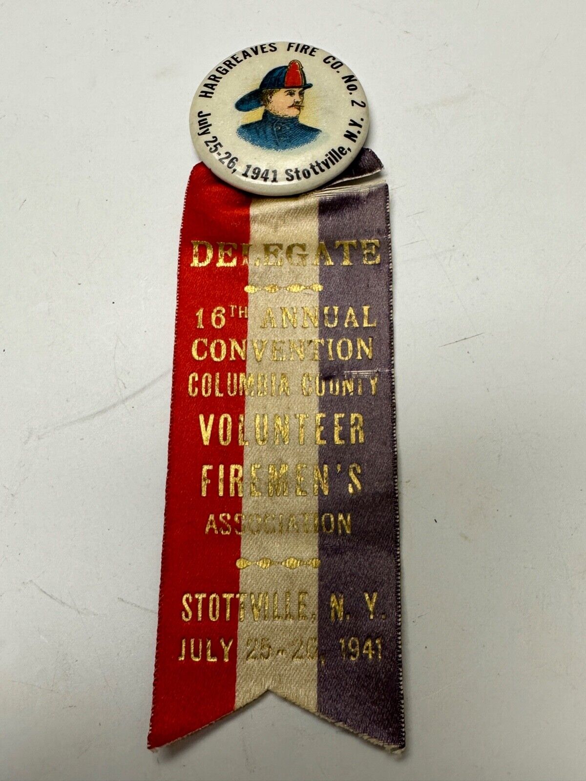 1941 Volunteer Fireman Association Ribbon & Pinback.  Stottville, New York