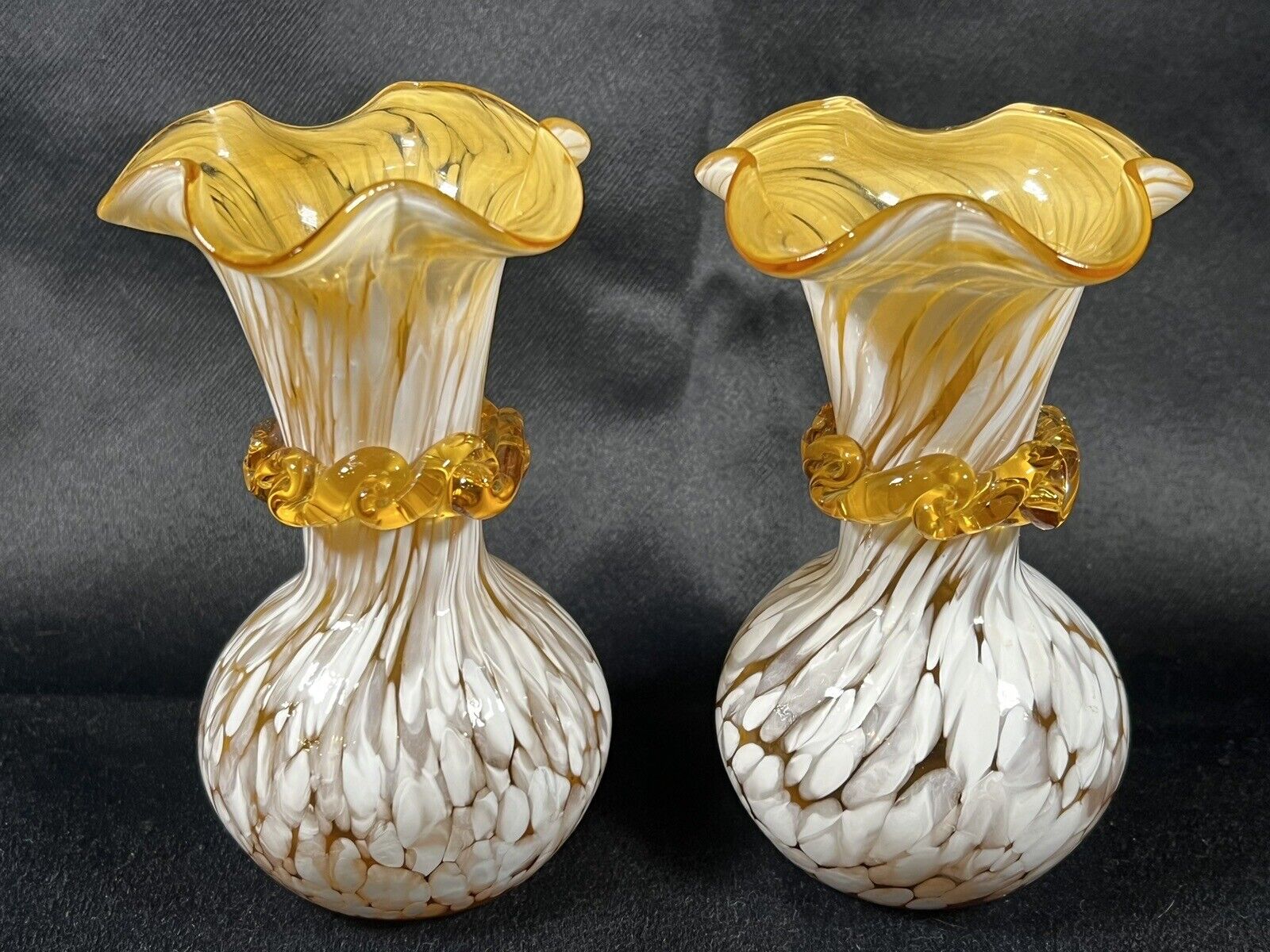 Vyg Set Rainbow Hand Blown Art Glass Yellow Amber and White Splatter Vase