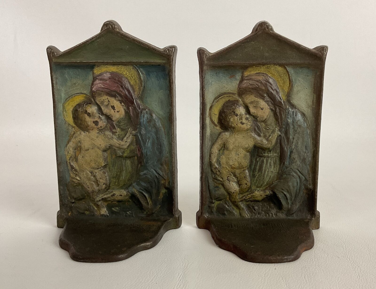 VTG Antique Cast Iron Snead & Co Virgin Mary and Child Bookend