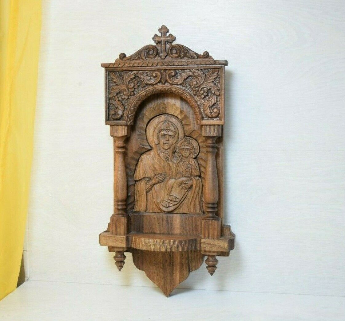 Vintage Hand-Carved Walnut Relief Wall Altar Icon Virgin Mary and Jesus Rila