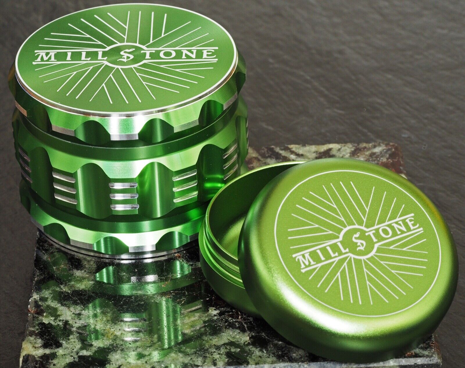 Millstone Tobacco Herb Grinder & Storage Tin Jar Metal 2.5 inch 4-Piece Green