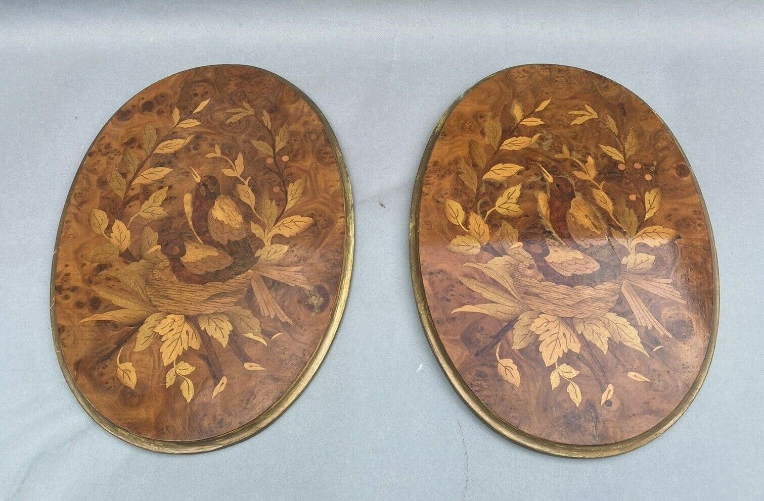 Lovely Pair of Vintage Marquetry Inlay Satinwood Plaques with Birds