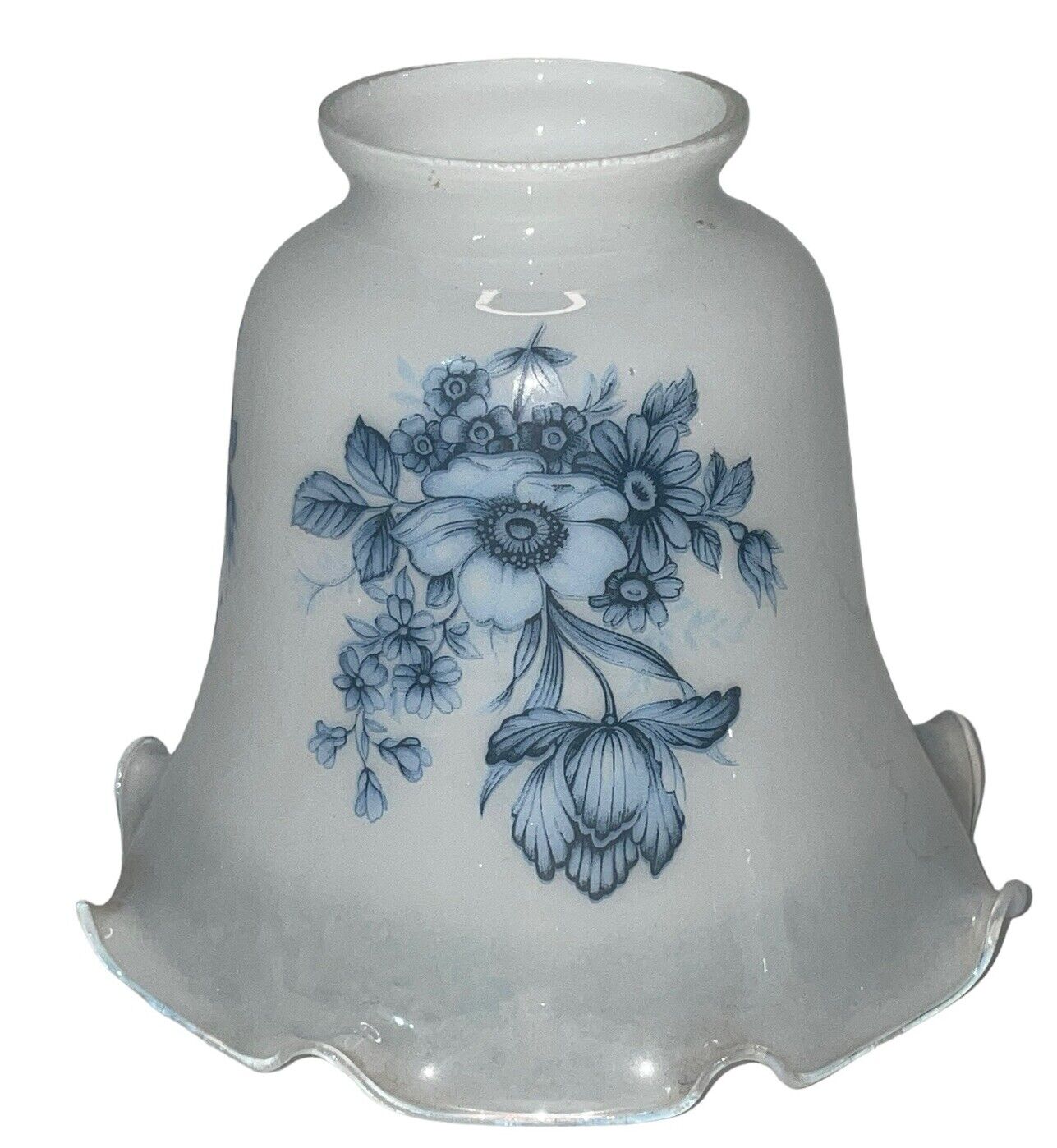 Vtg White Glass BLUE Flowers Ceiling Fan Light Sconce Shade 2\