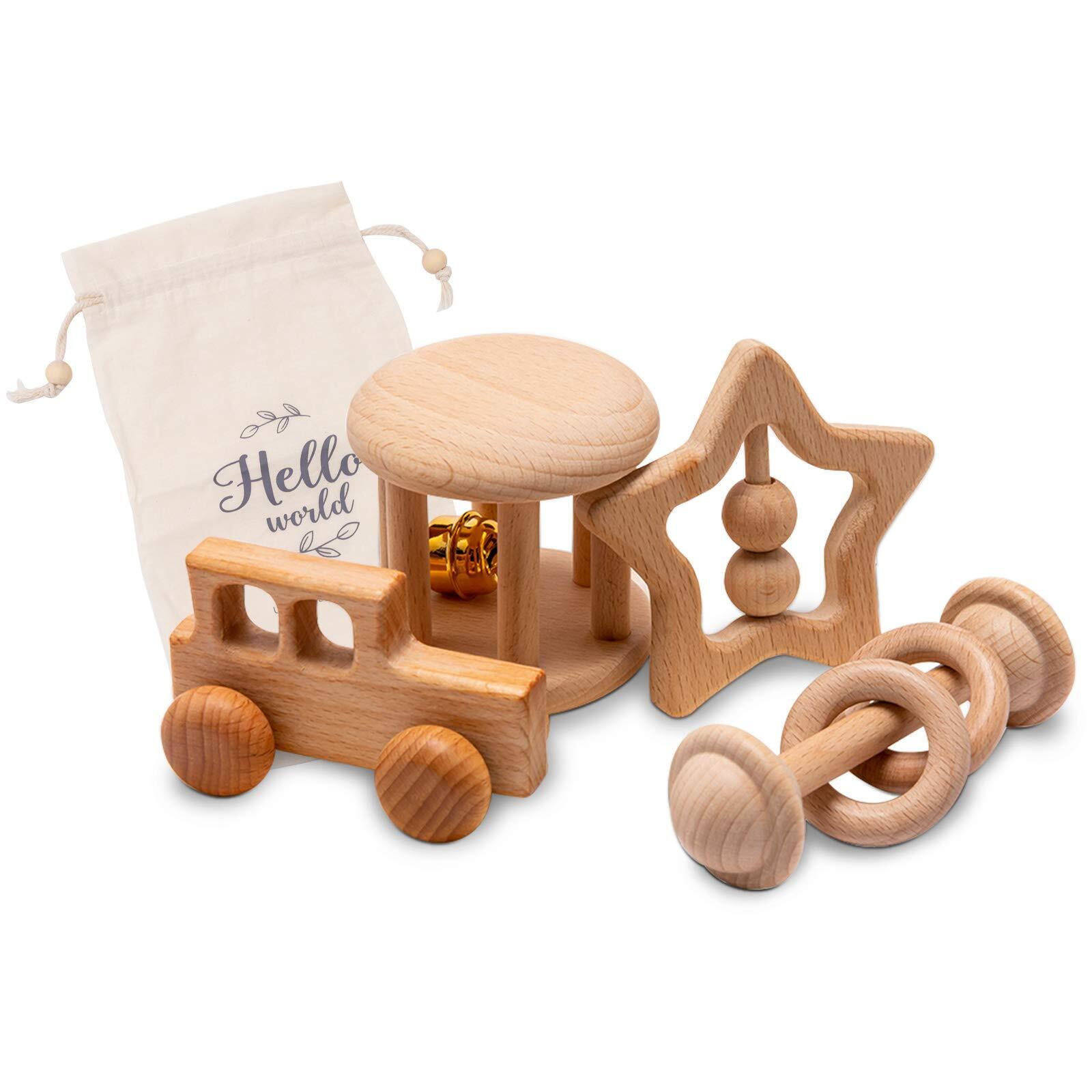 Promise Babe Rattle Rattle Mini Car 4 Piece Set Wooden Toy Baby Natural Wood Unp