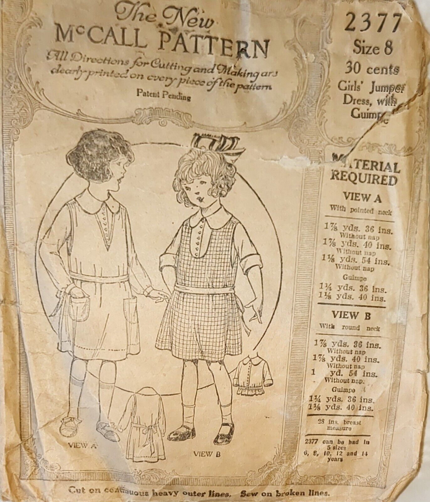 Vintage Antique 1920s The New McCall Pattern #2377 Sz 8 Girls Jumper Dress
