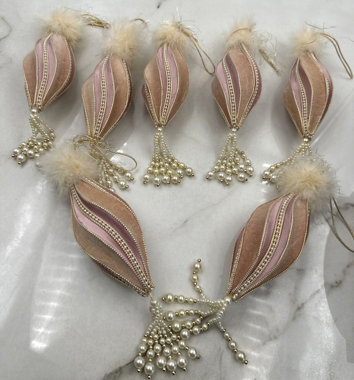 Pink Vintage Velvet Victorian-Style Christmas Ornaments Pearl Tassels Fur - 7