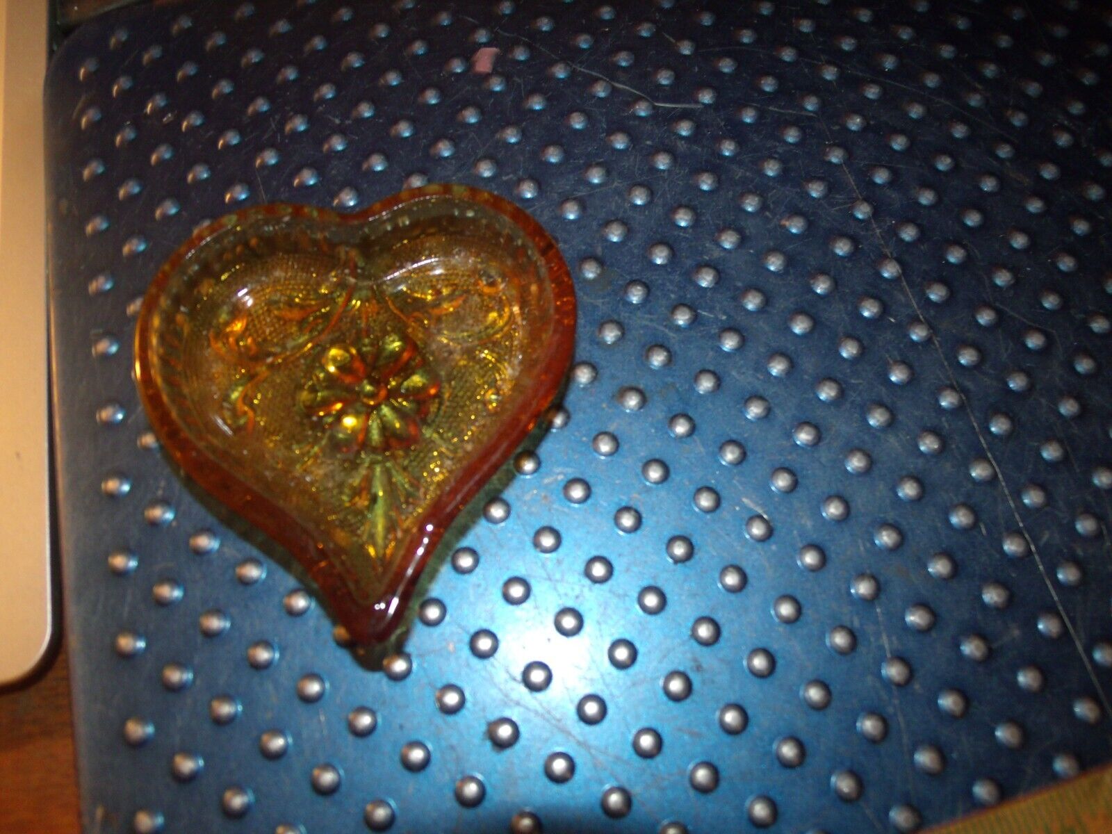 Vintage Heart Shaped Trinket Dish, Amber Depression Glass