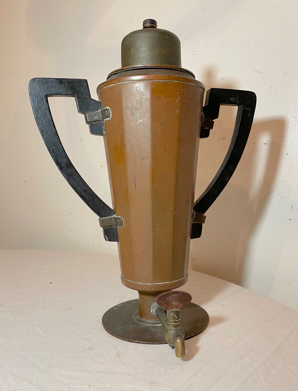 antique 1907 Jos Henrichs NY copper brass wood coffee tea dispenser samovar pot