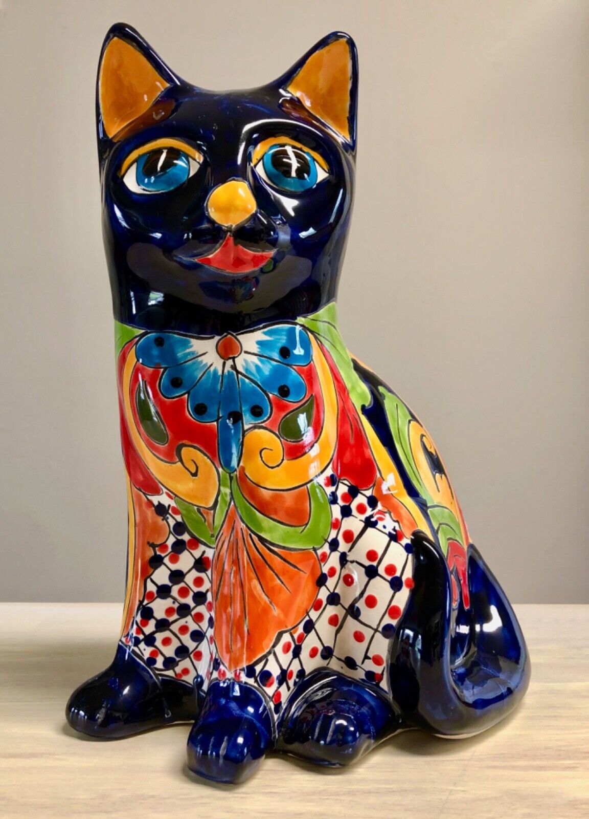 Vintage Talavera Folk Art Mexican Pottery Cat Statue X Large 15\