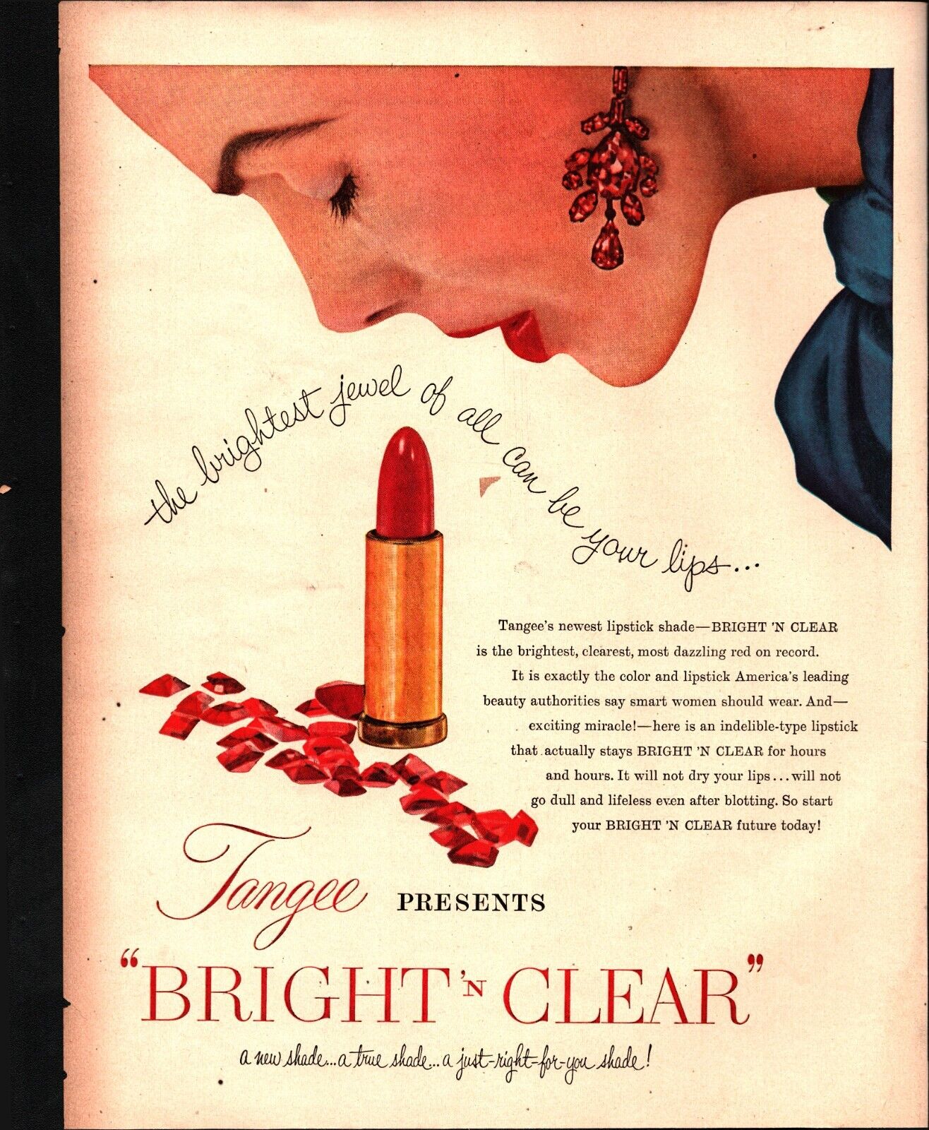 1954 Tangee Bright and Clear Lipstick 1950\'s Ephemera Vintage Print Ad pretty a8