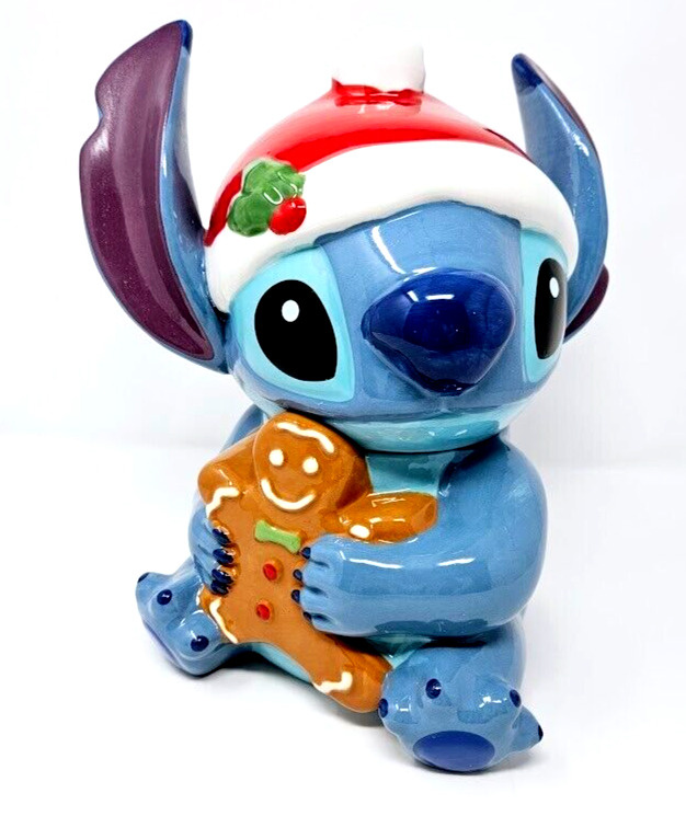 Disney Christmas Santa Stitch With Gingerbread Man Ceramic Cookie Jar New