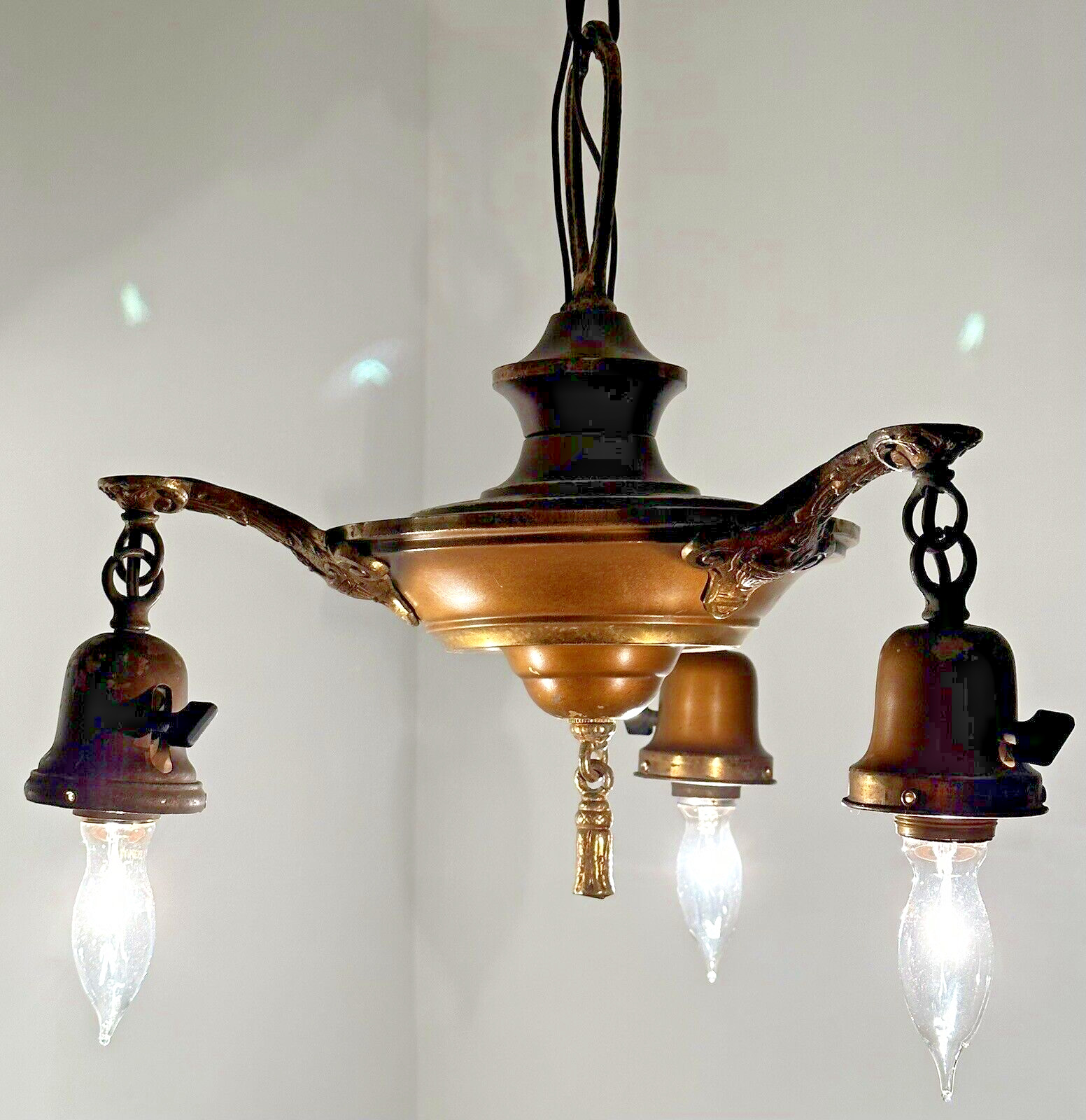 Art Deco Antique 3 Light Brass Pan Chandelier Light Ceiling Fixture Working Cond