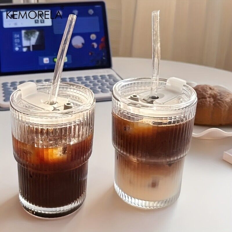 1/2PCS 450ml Stripe Glass Cup Transparent Glasses With Lid and Straw Ice Coffee