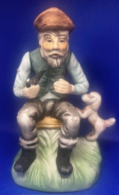Vintage Bisque Old Man Sitting w/ Pipe & Puppy Dog Figurine