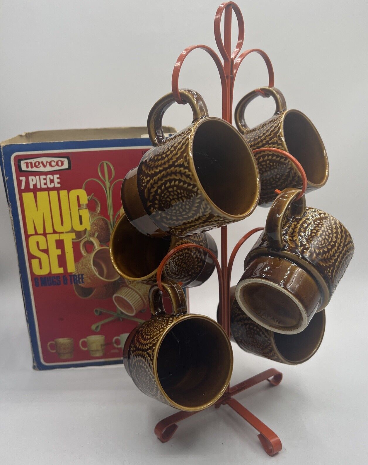 Vintage Nevco Stackable Coffee Cups MCM Mugs Japan Brown Orange Tree 7 Pc Set ￼