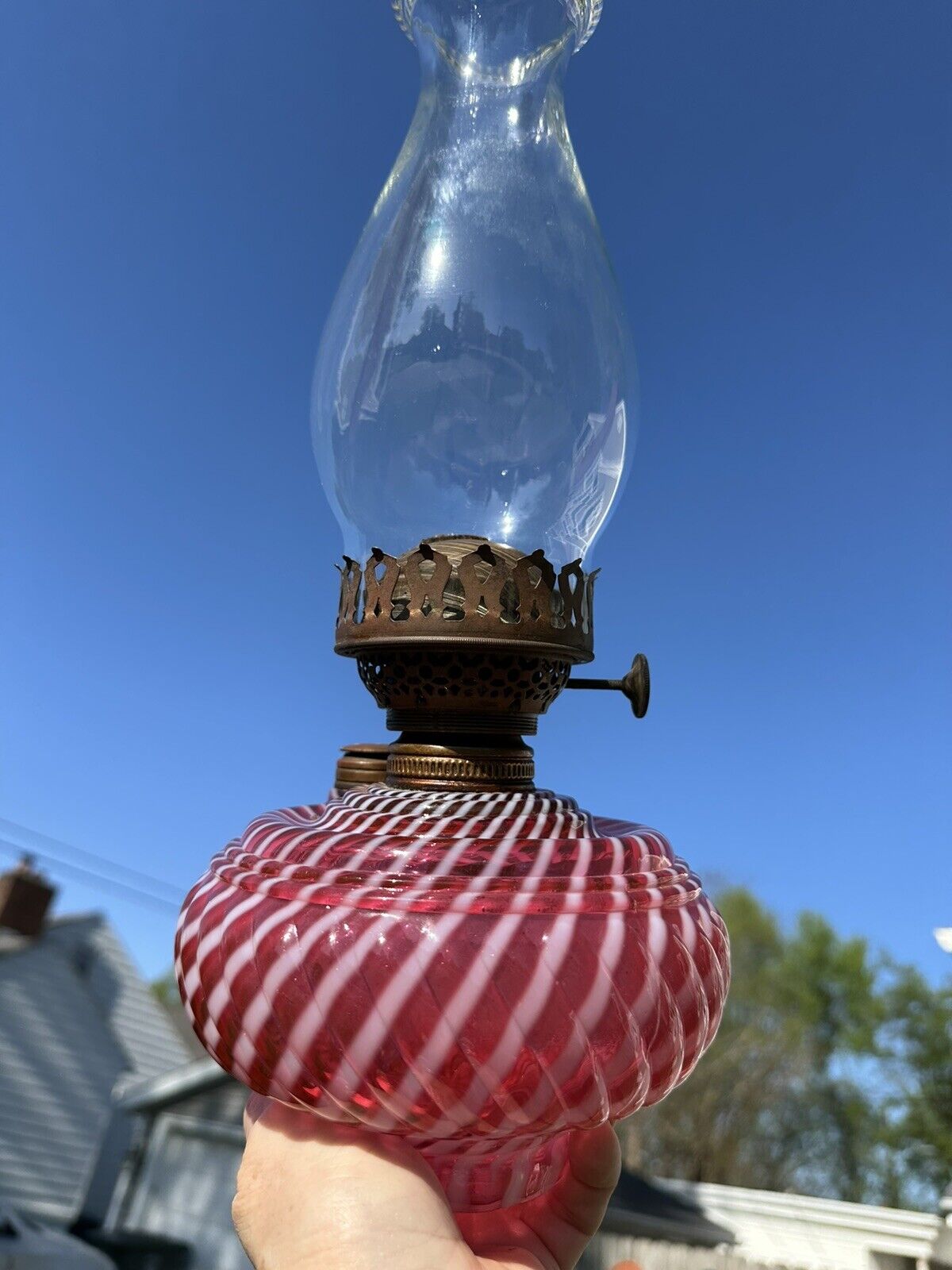 Stunning Cranberry Opalescent Reverse Swirl Hanging Oil Lamp Font Solar E M & Co