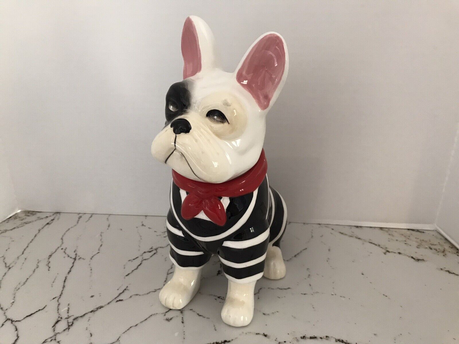 FR Bulldog Pet Treats Ceramic Cookie Jar Canister Red Scarf Striped Shirt NEw