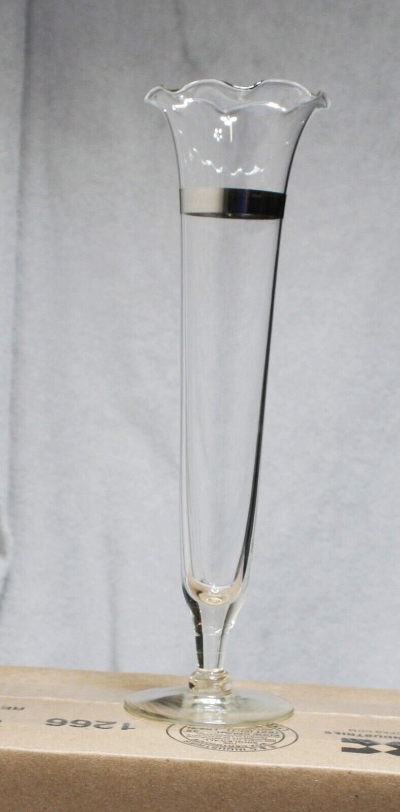 Bud Vase Clear Glass with Silver Band Fluted Rim 9 inches