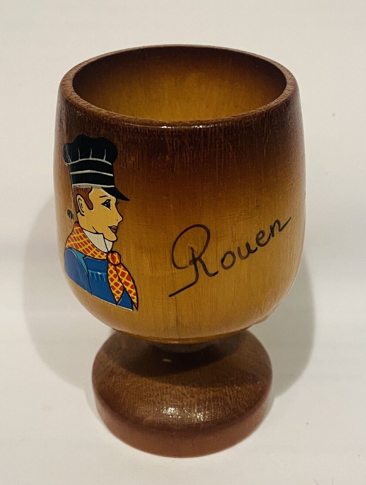Vintage Beautiful Wooden Eggcup Souvenir Rouen France With Train Conductor Motif