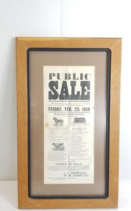 Public Sale Framed Newspaper Poster 1910's J L Samples Farm