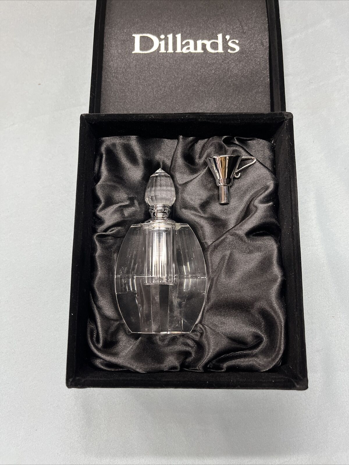 Vtg Dillard\'s Lead Crystal Perfume Atomizer Bottle w/Stopper & Funnel Box 3.5\