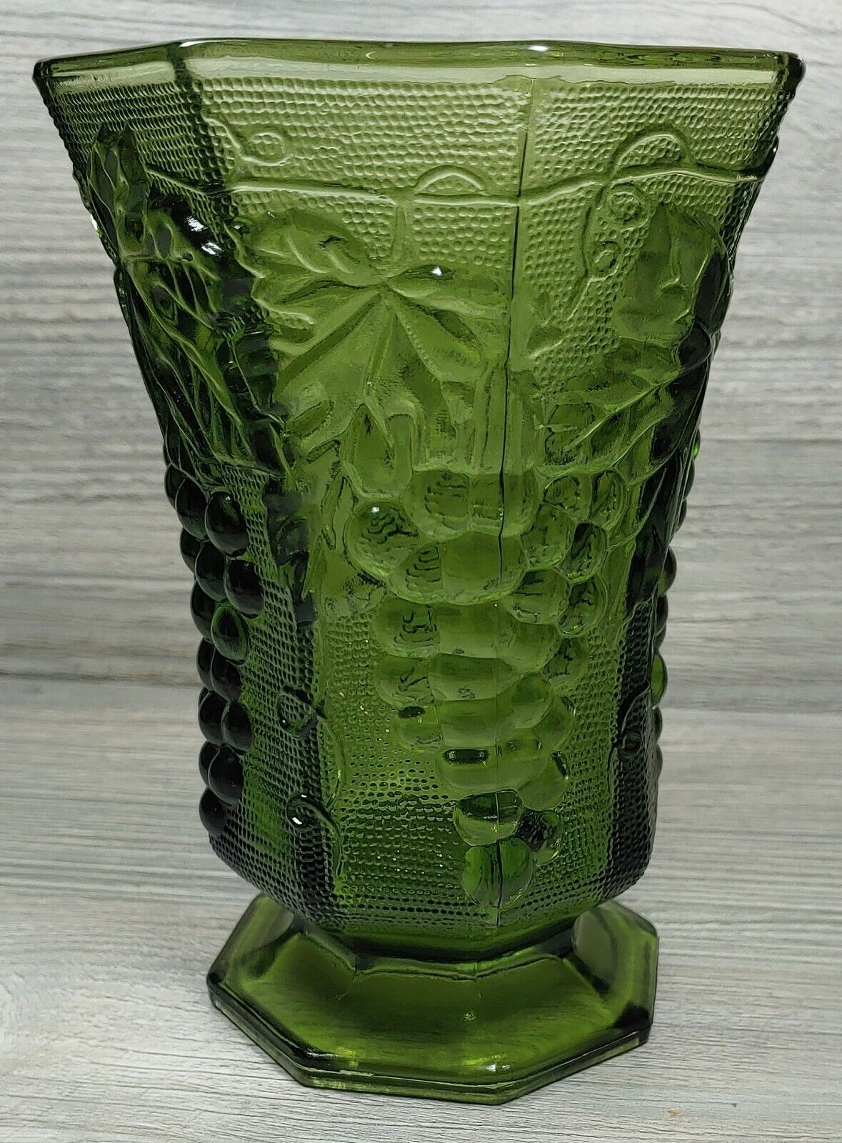  Anchor Hocking Avocado Green Glass Vase Embossed Grapes Leaf Design Footed VTG