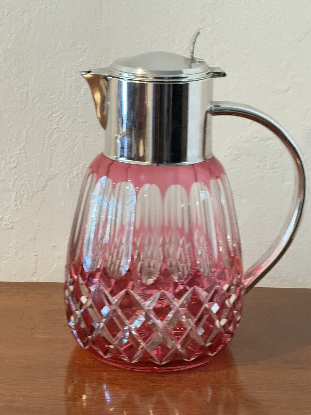 Vintage Pitcher Cranberry Glass Cut to Clear w Ice Cylinder Insert Heavy Glass
