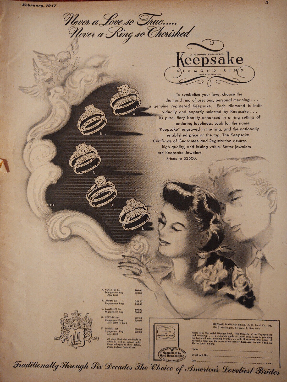 1947 Original Esquire Art Ad Advertisement Keepsake Diamonds Dobbs Hats
